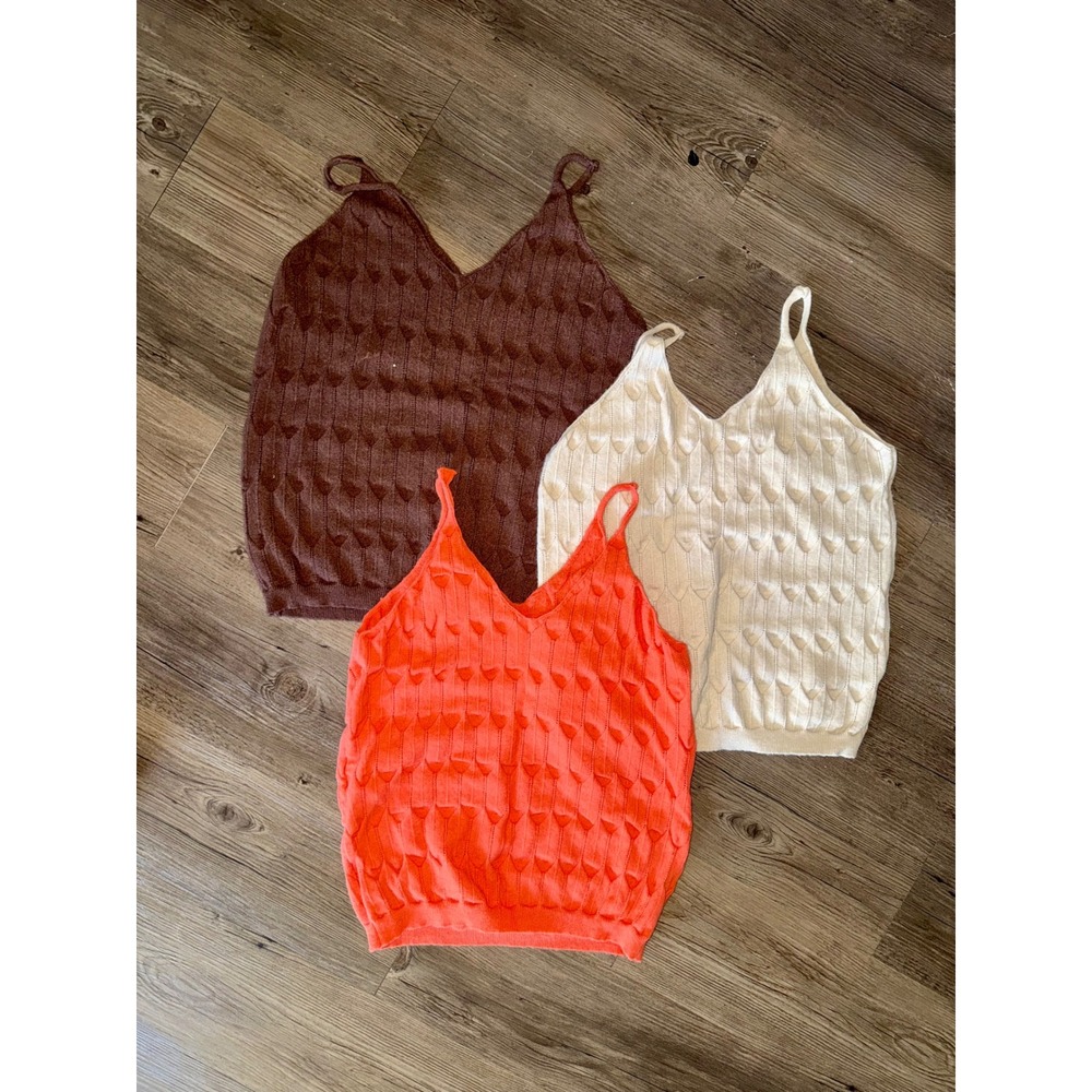 Shein Heart Knit Camisole Top Set 3 Pack Brown Cream Coral Size Large
